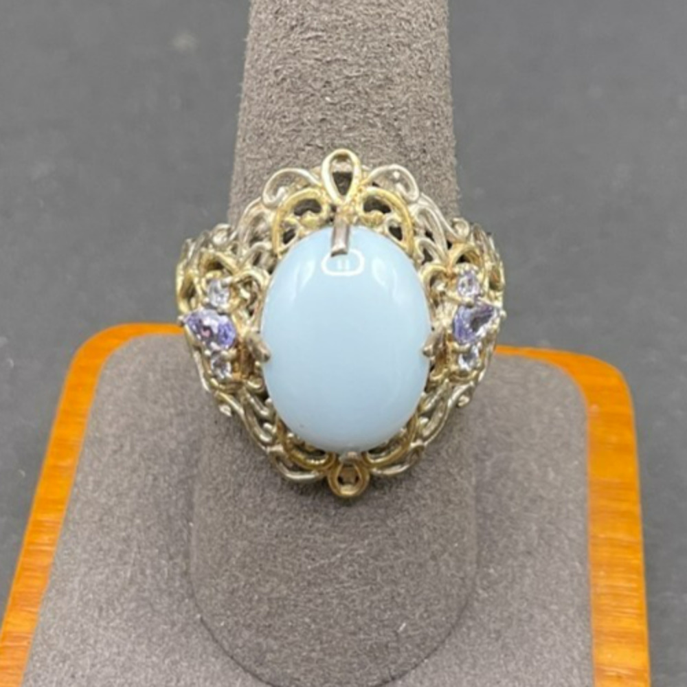 925 Sterling Silver Light Blue Opaline Oval Cabochon Ring Purple Accents Sz 8.75